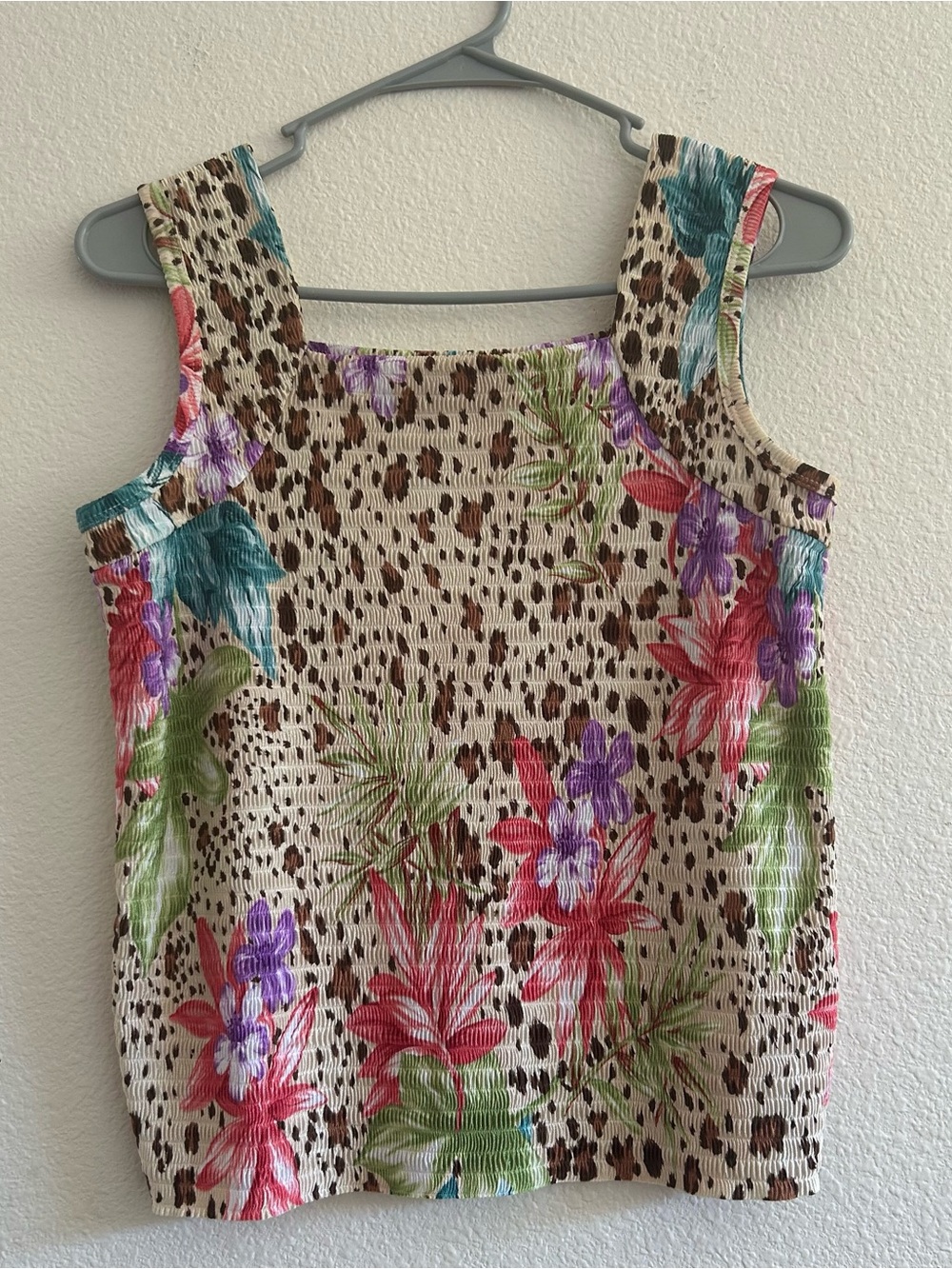 Patchington Floral Animal Print Smocked Tank Top in Beige/Red/Purple/Green/Teal